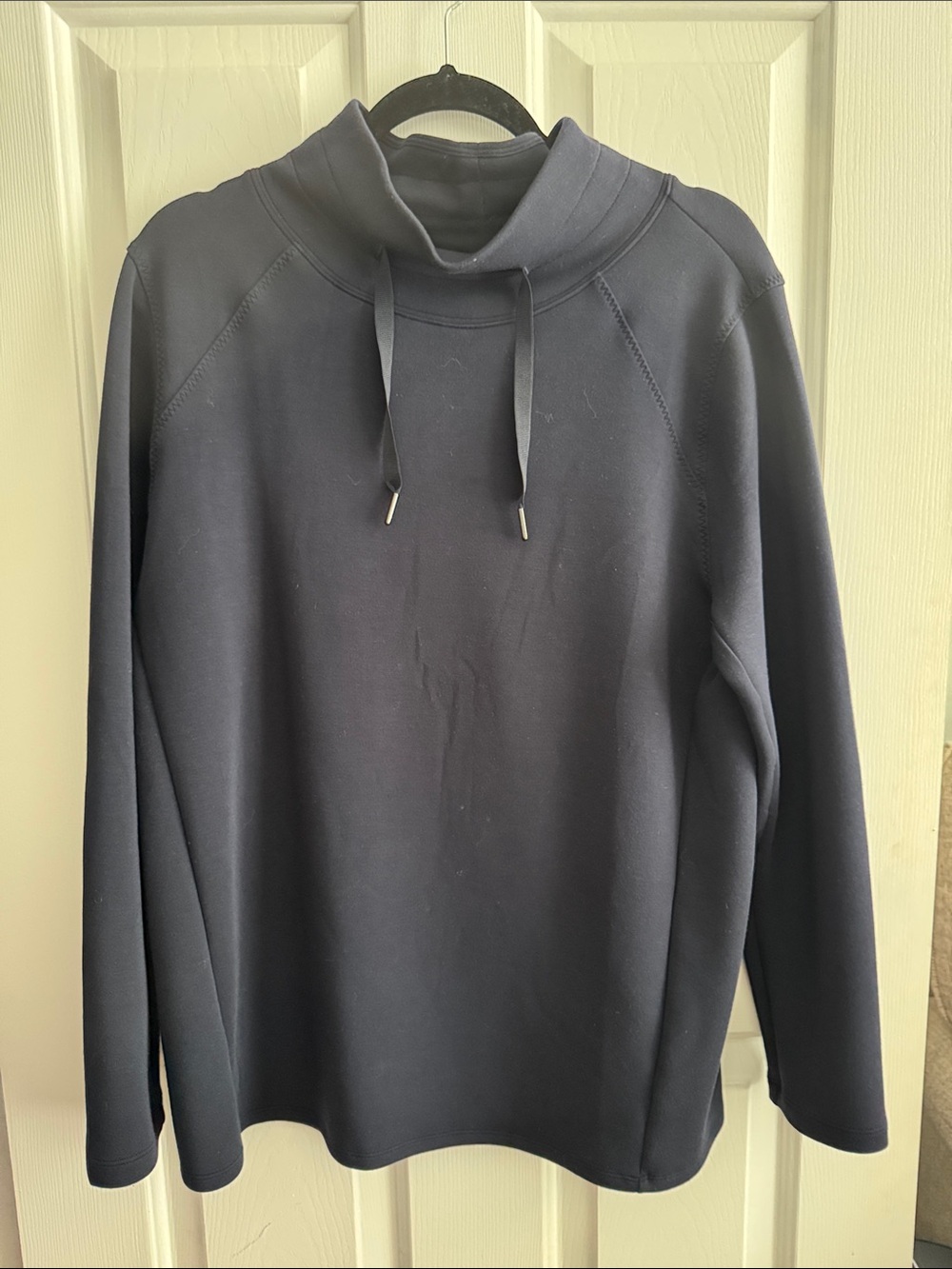 SPANX Navy Blue Funnel Neck Drawstring Sweatshirt